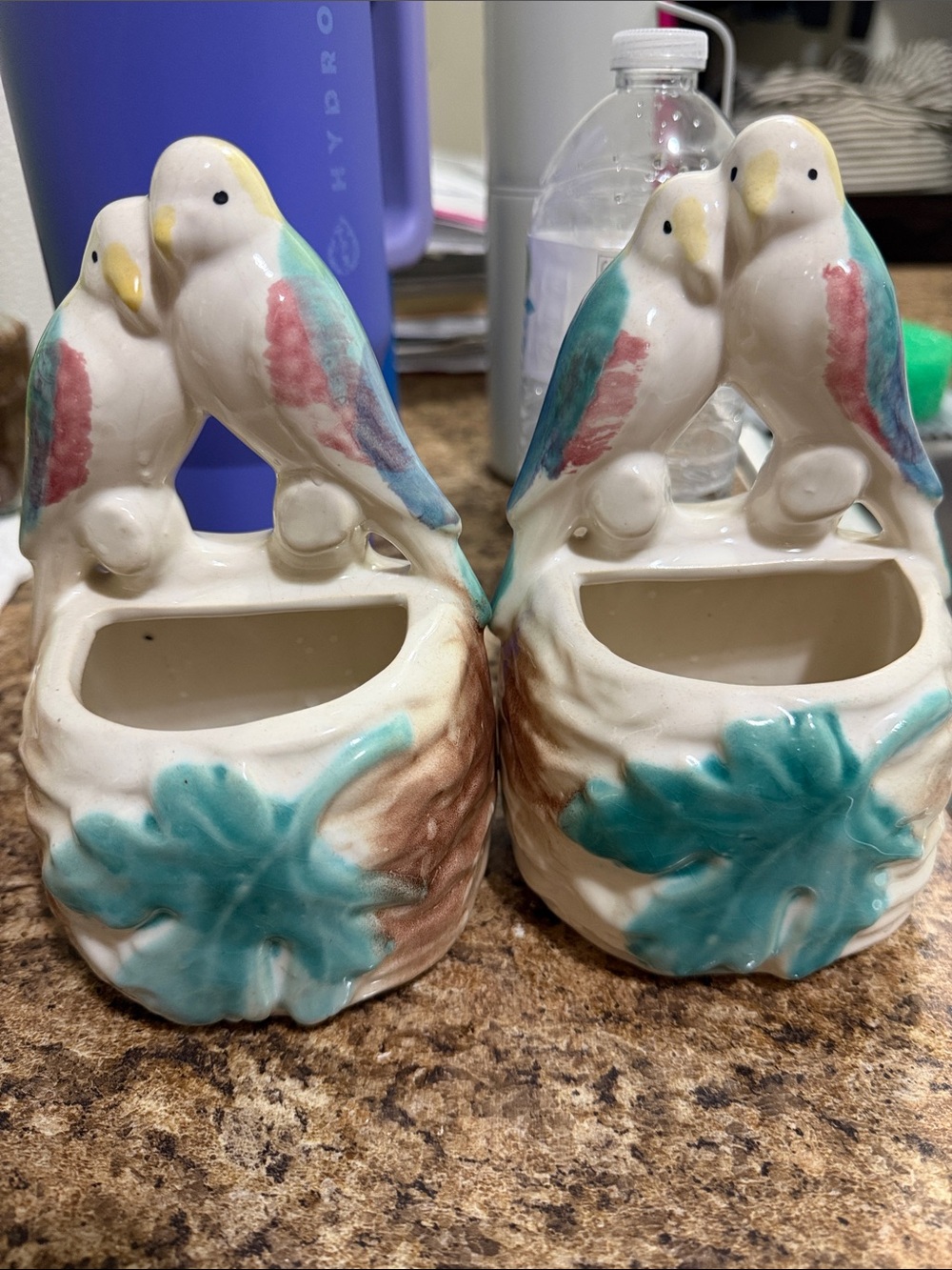 Vintage Pair of Ceramic Bird Planters in White, Teal & Pink
